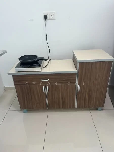 Kitchen features: wooden cabinetry with brown finish, light-colored countertop, single-burner gas stove, white wall, glossy tile flooring, cabinets with silver handles, open storage space, cooking utensils on countertop; style: modern.