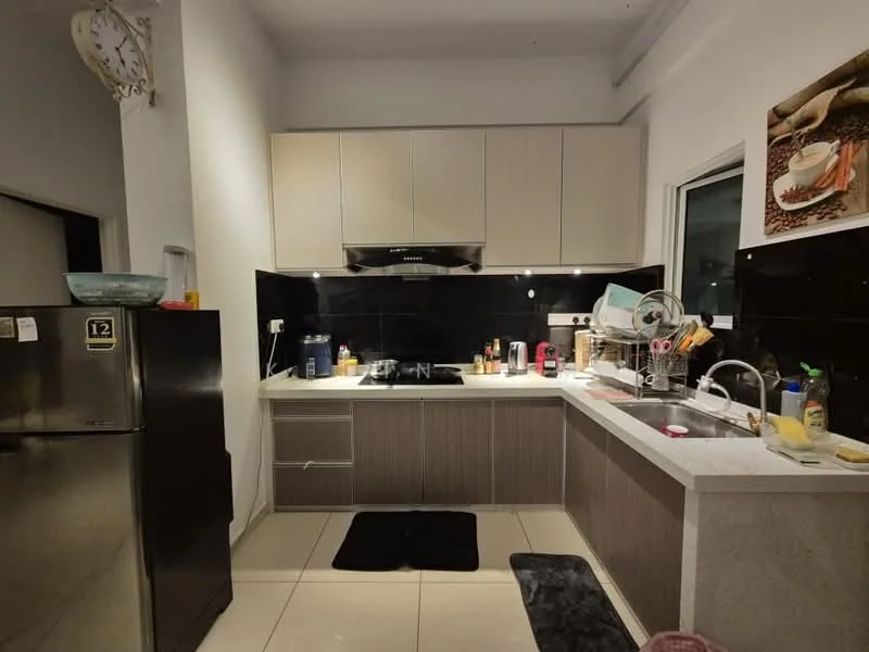Kitchen features: white upper cabinets, wood lower cabinets, black countertop, stainless-steel sink, chrome pull-down faucet, built-in stove, stainless-steel range hood, black tiled backsplash, refrigerator, kitchen mat, window with sheer curtains, kitchen utensils and appliances on countertop; style: modern.