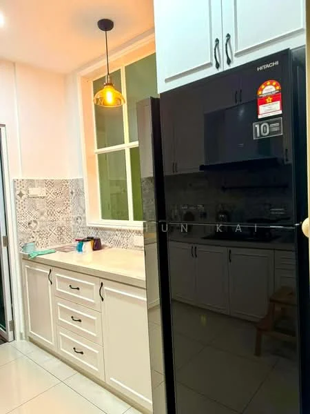 Kitchen features: white shaker cabinets, black refrigerator, light-colored countertop, subway tile backsplash, pendant light fixture, double-basin sink, ceramic tile flooring, window above sink; style: modern.