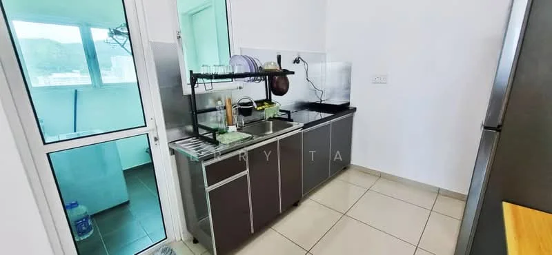 Kitchen features: stainless-steel sink, chrome pull-down faucet, kitchen countertop, wall-mounted shelving, cabinets with grey finish, ceramic tile flooring, white walls, window with view, refrigerator, stainless-steel appliances; style: modern; view: city.
