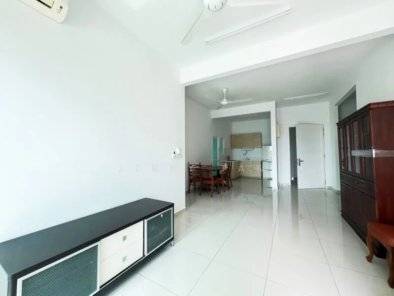 Living features: white painted walls, glossy tile flooring, 5-blade ceiling fan, wall-mounted air conditioning unit, TV console with drawers, dining table with chairs, open layout to kitchen, natural light from windows; style: modern. Kitchen features: wood cabinetry, countertop with space for appliances, open layout to living area; style: modern.