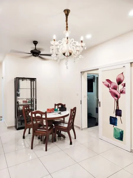Dining features: round dining table, 4 wooden dining chairs, chandelier with crystals, 5-blade ceiling fan, white painted walls, glossy tile flooring, sliding door with floral design, display cabinet, decorative wall art; style: modern.