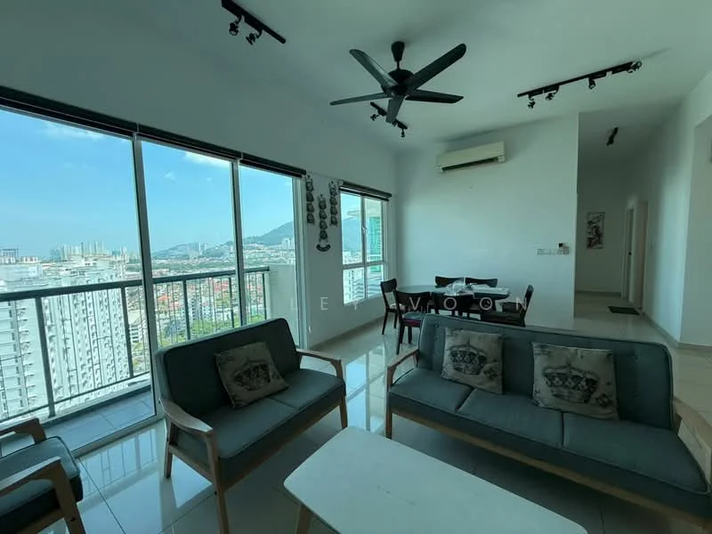 Living features: 3-seater fabric sofa in grey, 2-seater armchair, coffee table, floor-to-ceiling windows, city skyline view, 5-blade ceiling fan, recessed LED downlights, white painted walls, glossy tile flooring, air conditioning unit; style: modern; view: city. Dining features: 4-seater dining table, white dining chairs, window with city view; style: modern; view: city.