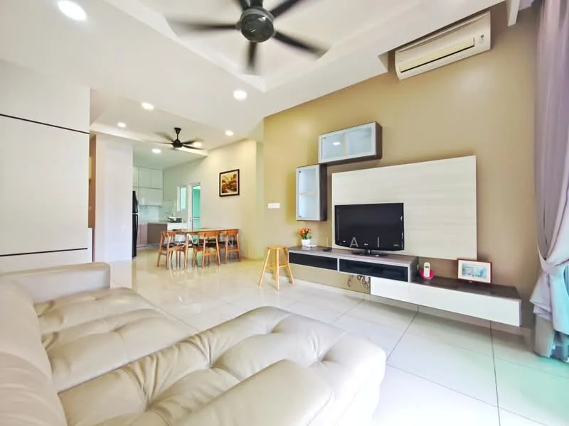 Living features: 3-seater leather sofa in cream, ceiling fan with light, wall-mounted TV, TV console with storage, decorative wall shelf, recessed downlights, white tiled flooring, light brown accent wall, large window with sheer curtains, decorative plant on console; style: modern. Dining features: 6-seater dining table, wooden dining chairs, open layout to kitchen, white walls, natural light from window; style: modern.