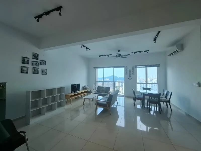 Living features: white painted walls, polished ceramic tile flooring, 5-blade ceiling fan with light, recessed downlights, floor-to-ceiling windows, sliding glass door, blackout curtains, TV console, wall-mounted TV, dining table with chairs, sofa, coffee table, open shelving unit, decorative wall art; style: modern; view: city.