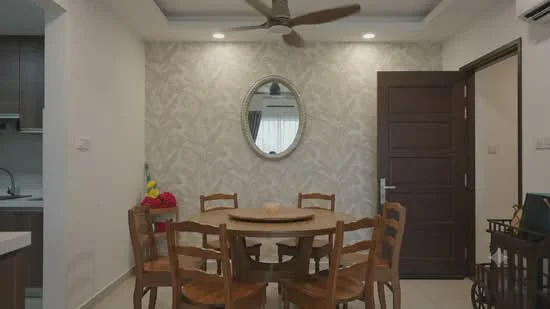 Dining features: round wooden dining table, 6 wooden dining chairs, ceiling fan with light, recessed downlights, decorative mirror on wall, textured wallpaper with floral pattern, white painted walls, tile flooring, door leading to another room, wall-mounted air conditioning unit; style: modern.