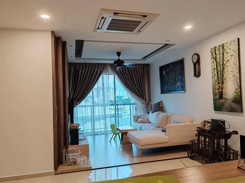 Living features: 3-seater fabric sofa in white, coffee table, wall-mounted TV, floor-to-ceiling windows, sheer curtains, 5-blade ceiling fan with light, recessed downlights, wooden flooring, decorative wall clock, framed artwork, green accent chair, open shelving unit; style: modern; view: city.