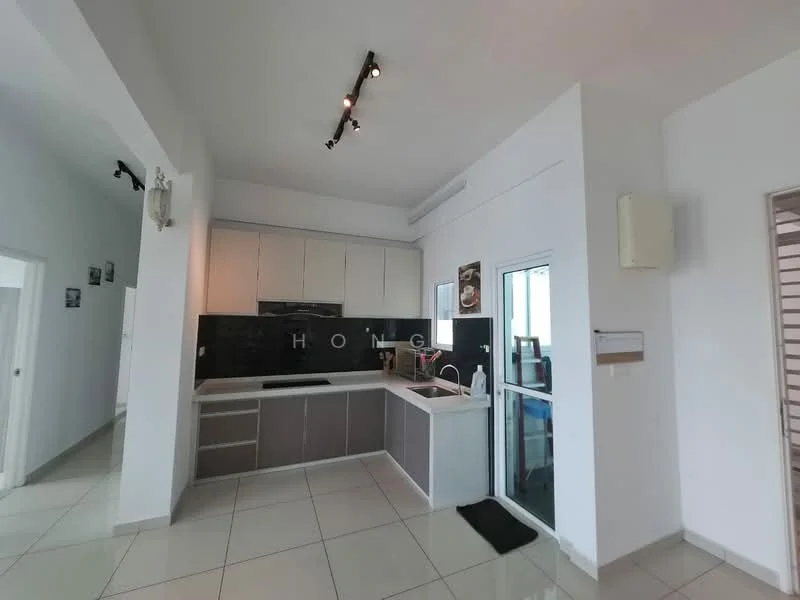 Kitchen features: white cabinetry, black countertop, stainless-steel sink, chrome pull-down faucet, built-in oven, freestanding range oven, ceramic tile flooring, recessed downlights, window with glass panel, open shelving, kitchen island, tile backsplash; style: modern.