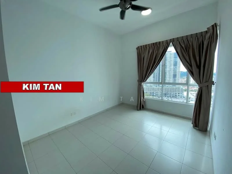 Room features: white painted walls, tile flooring, floor-to-ceiling windows, curtains, 5-blade ceiling fan with light; view: city.