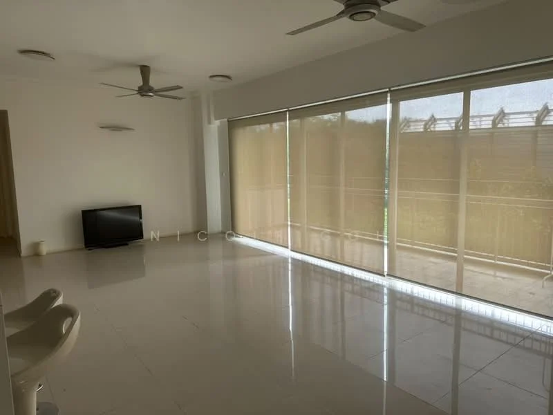 Living features: large floor-to-ceiling windows, sheer roller blinds, 2 ceiling fans, white painted walls, polished marble flooring, TV console, minimalist decor, balcony access; style: modern; view: garden.