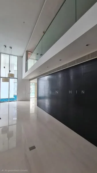 Room features: marble flooring, high ceiling, large windows, glass railing, black accent wall, recessed lighting, pendant lights, open layout; style: modern; view: city.