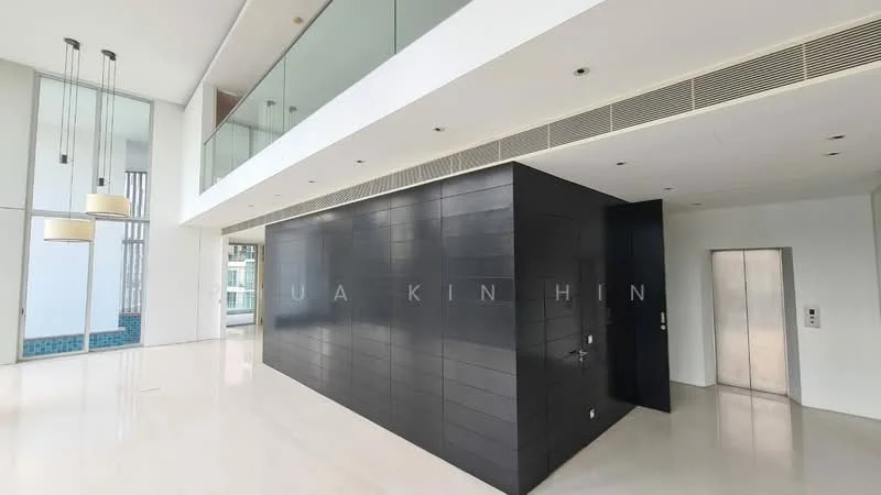 Room features: white painted walls, black feature wall, marble flooring, large glass windows, elevator access, recessed ceiling lights, open space layout, glass railing, high ceiling; style: modern; view: city.