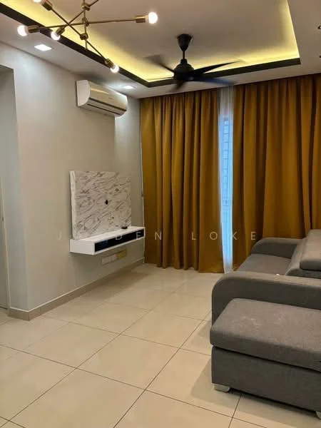 Living features: grey fabric sectional sofa, marble feature wall, wall-mounted TV console, 5-blade ceiling fan with light, recessed downlights, floor-to-ceiling windows, sheer curtains, gold pendant light, cream tiled flooring, decorative wall paneling; style: modern.