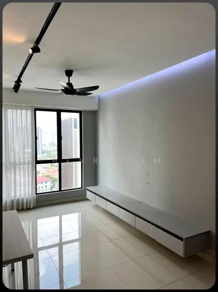 Living features: white painted walls, glossy tile flooring, 5-blade ceiling fan, floor-to-ceiling windows, sheer curtains, built-in TV console, LED strip lighting, city view; style: modern; view: city.