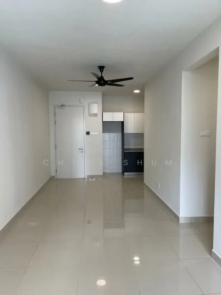 Living features: white painted walls, glossy ceramic tile flooring, 5-blade ceiling fan with light, door leading to hallway, open layout to kitchen, wall-mounted air conditioning unit, recessed lighting, neutral color scheme; style: modern. Kitchen features: white cabinetry, grey countertop, built-in sink, stainless-steel appliances, ceramic tile backsplash, open layout to living area; style: modern.