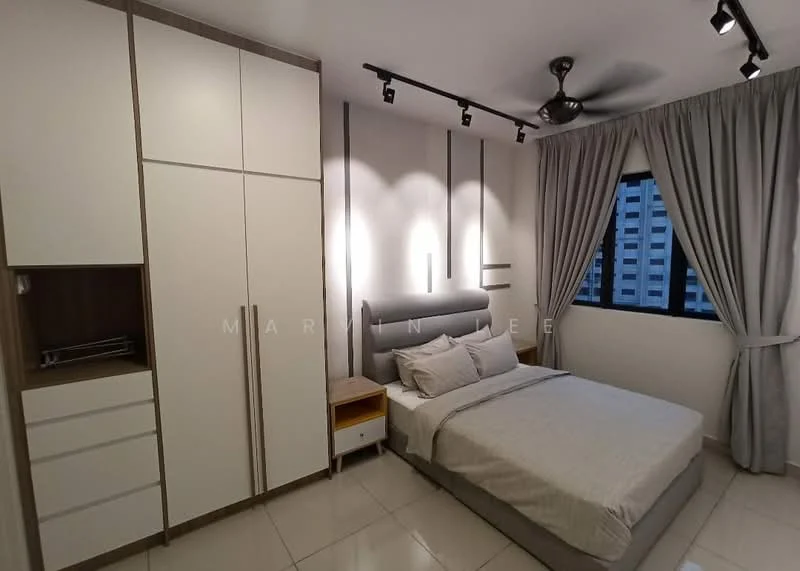 Bedroom features: queen-size bed with grey bedding, upholstered headboard, built-in wardrobe with white and wood finish, nightstand with drawer, floor-to-ceiling window, grey curtains, recessed LED downlights, ceiling fan, cream tiled flooring, decorative wall paneling; style: modern; view: city.