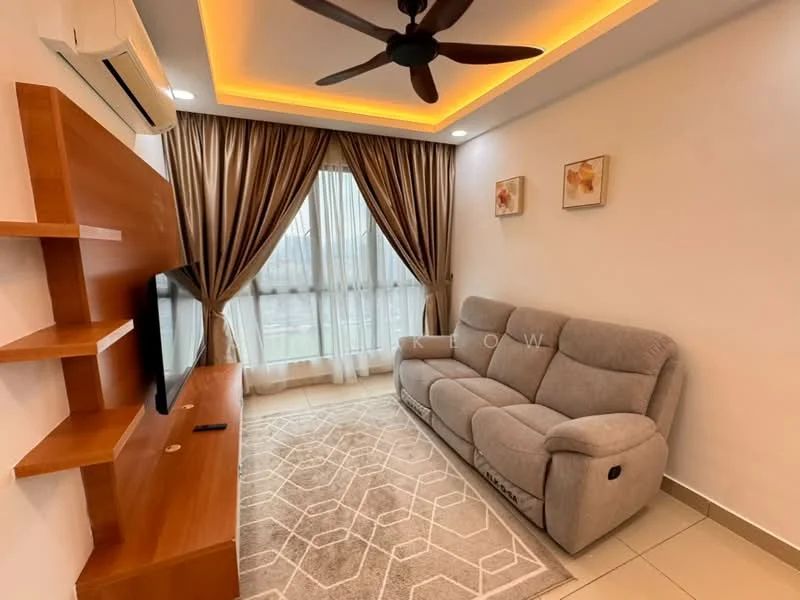 Living features: 3-seater fabric sofa in grey, wooden TV console, wall-mounted TV, recessed LED downlights, ceiling fan with light, floor-to-ceiling windows, sheer curtains, decorative wall art, area rug with geometric pattern, cream painted walls, tile flooring; style: modern.