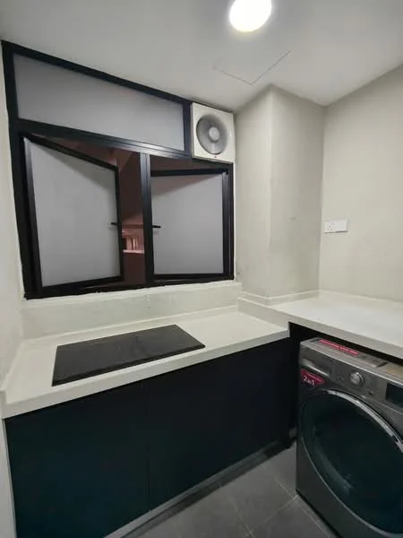 Laundry features: black cabinetry, white countertop, built-in washing machine, sliding window with black frame, exhaust fan, grey tiled flooring, wall-mounted electrical outlet, light fixture in ceiling; style: modern.