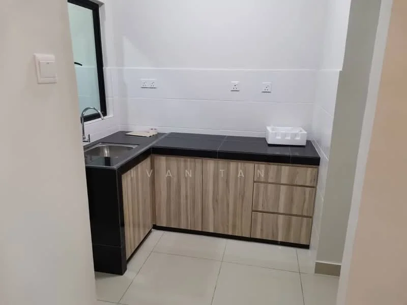 Kitchen features: single-bowl stainless-steel sink, chrome pull-down faucet, black countertop, wood cabinetry with light wood finish, white tiled backsplash, ceramic tile flooring, wall-mounted electrical outlets, under-cabinet lighting; style: modern.