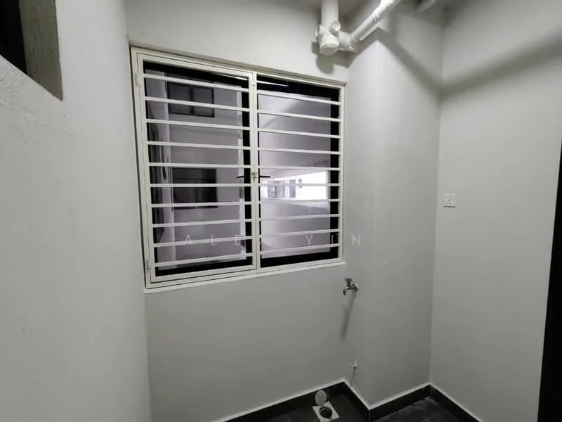 Room features: white painted walls, black tiled flooring, window with horizontal metal grilles, water tap, exposed pipes.