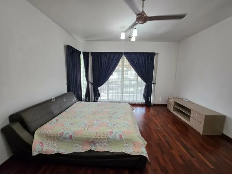 Bedroom features: queen-size bed with floral bedspread, 3-blade ceiling fan, wooden flooring, white painted walls, floor-to-ceiling windows with sheer curtains, TV console, dark wood furniture, decorative wall with no artwork; style: modern.