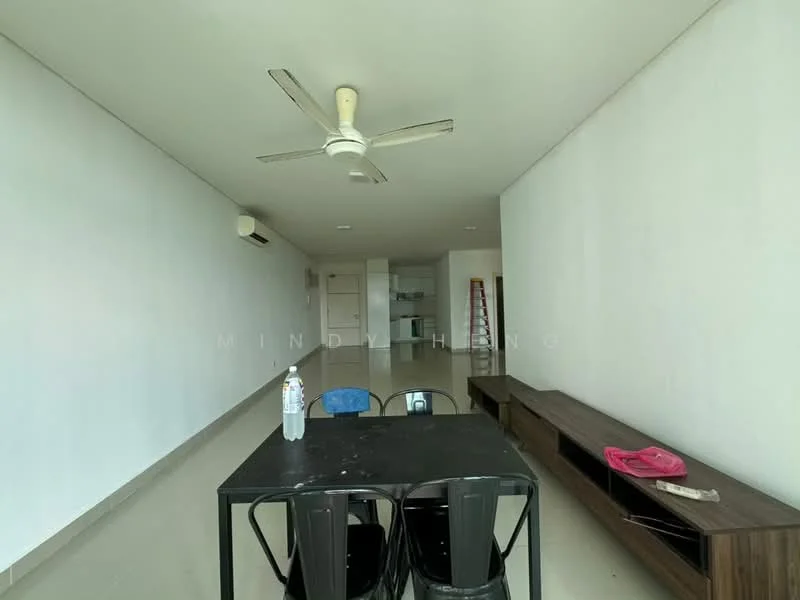Dining features: black dining table, 4 black metal chairs, white painted walls, ceiling fan, wall-mounted air conditioning unit, light-colored tiled flooring, wooden sideboard, water bottle on table; style: modern. Room features: light-colored tiled flooring, white painted walls, ceiling fan, wall-mounted air conditioning unit.