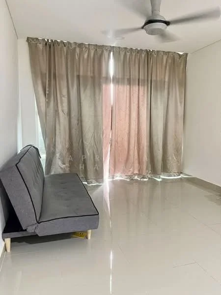 Living features: grey fabric sofa, floor-to-ceiling windows, sheer curtains, light-colored walls, glossy tile flooring, ceiling fan, natural light, minimalist decor; style: modern.