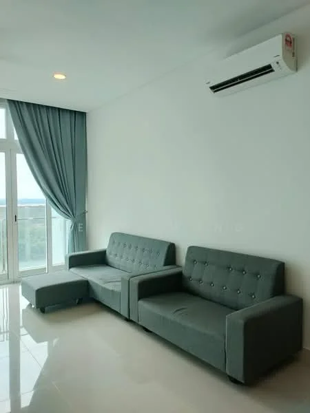 Living features: 2-seater fabric sofa in grey, 1-seater fabric sofa in grey, floor-to-ceiling windows, curtains in light blue, wall-mounted split AC, white painted walls, glossy tile flooring, recessed downlights; style: modern; view: city.