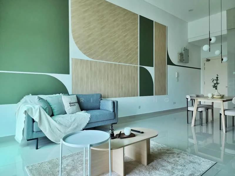 Living features: grey fabric sofa, white throw blanket, light wood coffee table, white side table, decorative plant in vase, dining table with four chairs, geometric wall art with green and wood accents, glossy tile flooring, recessed ceiling lights, floor-to-ceiling windows, minimalist decor; style: modern.