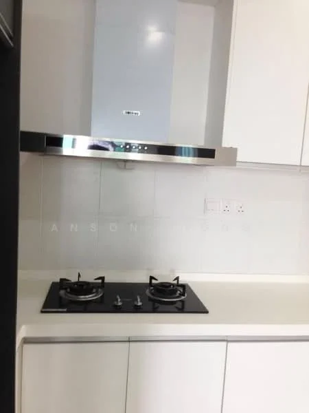 Kitchen features: white cabinetry, black countertop, stainless-steel range hood, gas cooktop with two burners, white tiled backsplash, built-in oven, under-cabinet lighting; style: modern.