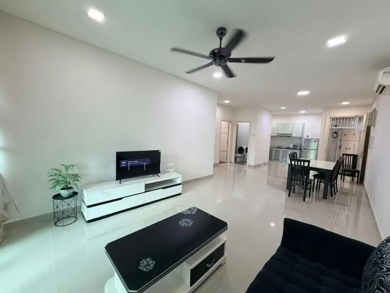 Living features: 5-blade ceiling fan with light, wall-mounted TV, white TV console, black coffee table, black fabric sofa, glossy tile flooring, recessed LED downlights, decorative plant in pot, open layout to dining area, neutral painted walls; style: modern. Dining features: 4-seater dining table, black dining chairs, open layout to living area, glossy tile flooring, neutral painted walls; style: modern. Kitchen features: white cabinetry, stainless-steel appliances, open layout to dining area, glossy tile flooring, neutral painted walls; style: modern.