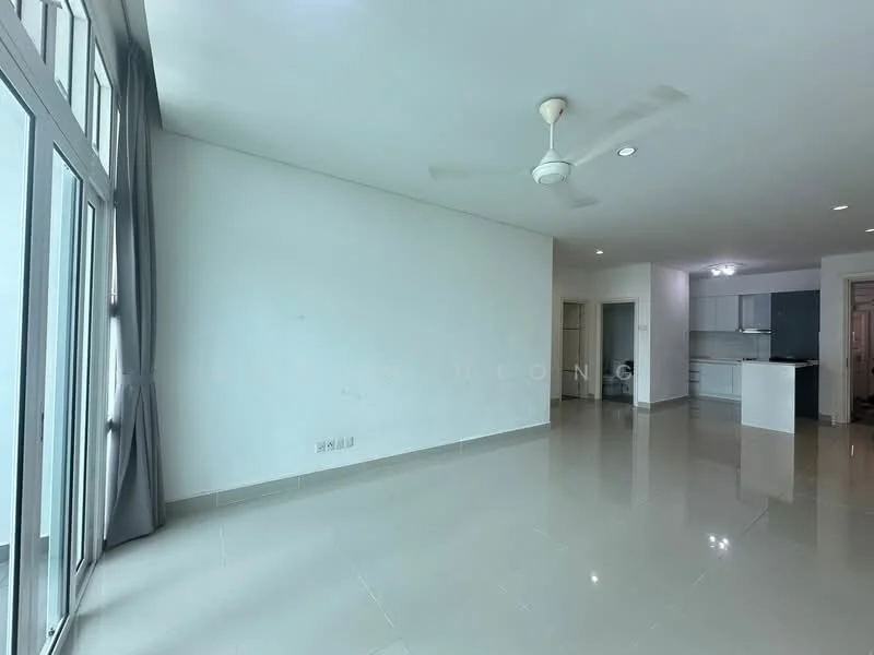 Living features: large floor-to-ceiling windows, grey sheer curtains, white painted walls, polished ceramic tile flooring, 5-blade ceiling fan with light, open layout to kitchen, neutral color palette, recessed lighting; style: modern.