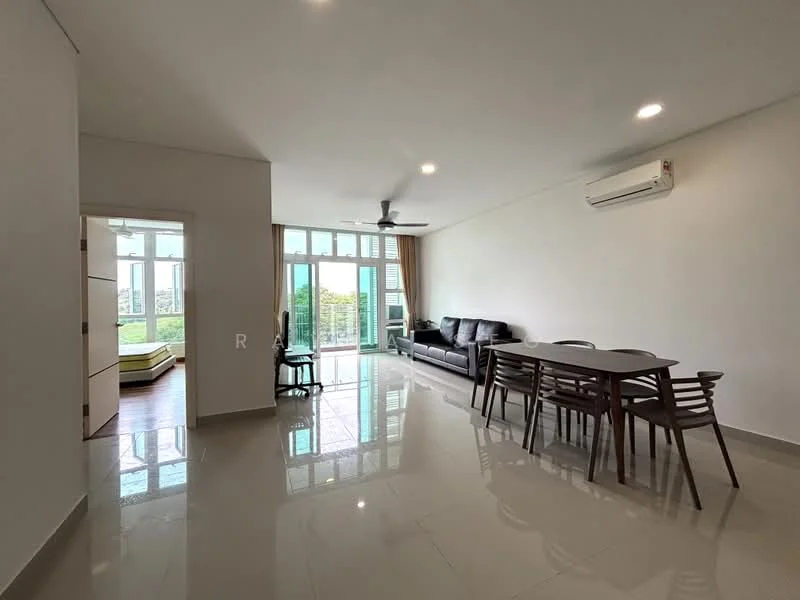 Living features: white painted walls, glossy ceramic tile flooring, 5-blade ceiling fan with light, sofa in dark grey, coffee table, dining table with 6 chairs, floor-to-ceiling windows, sliding glass door, curtains, air conditioning unit; style: modern; view: garden.