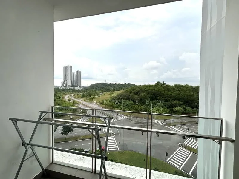 Room features: glass balcony railing, concrete flooring, view of city skyline, view of greenery, outdoor space, sliding glass door, overhead awning, road view; style: modern; view: city.