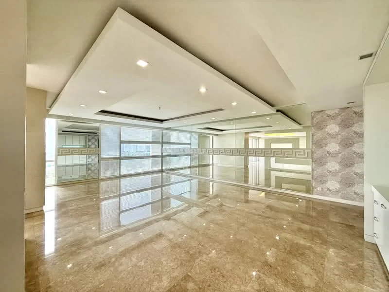 Room features: marble flooring, white painted walls, mirror wall, recessed downlights, tray ceiling, large windows, sheer curtains, decorative wall with geometric pattern, open layout, high ceiling; style: modern; view: city.