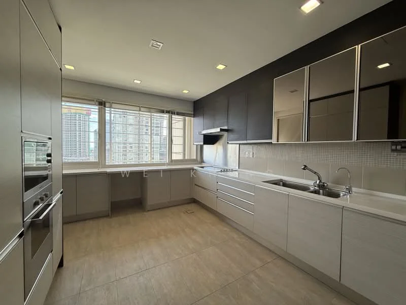 Kitchen features: white cabinetry with flat-panel design, stainless-steel built-in oven, stainless-steel microwave, single-bowl stainless-steel sink, chrome pull-down faucet, white quartz countertop, grey tiled backsplash, large window with city view, recessed LED downlights, ceramic tile flooring, open layout with ample counter space, kitchen island with additional storage; style: modern; view: city.
