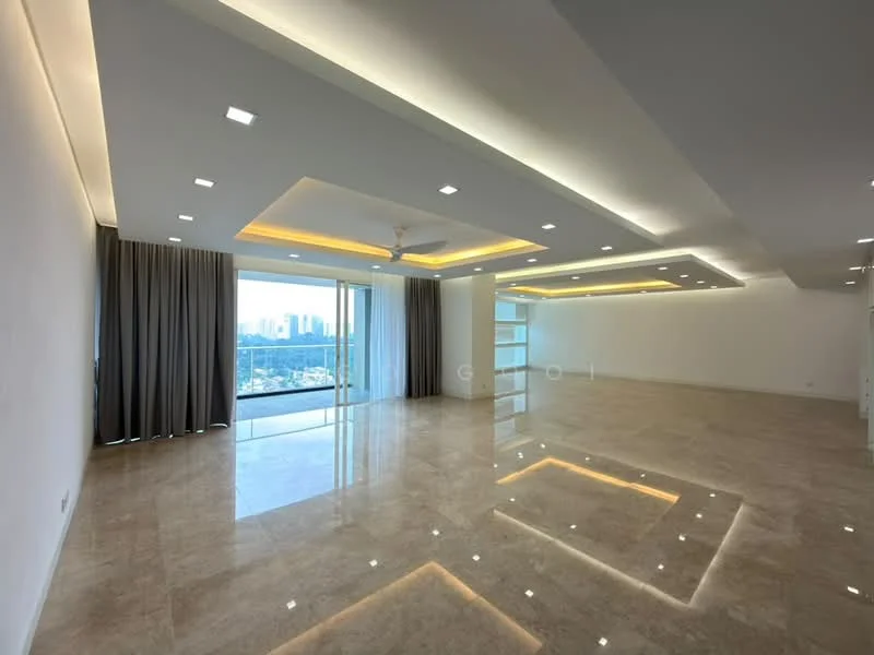 Living features: marble tile flooring, white painted walls, tray ceiling with recessed lighting, 5-blade ceiling fan with light, floor-to-ceiling windows, sheer curtains, LED strip lighting, open layout, city view; style: modern; view: city.