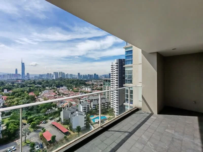 Room features: balcony, glass railing, city skyline view, grey tiled flooring, exterior wall with neutral color, open space, no visible furniture; style: modern; view: city.