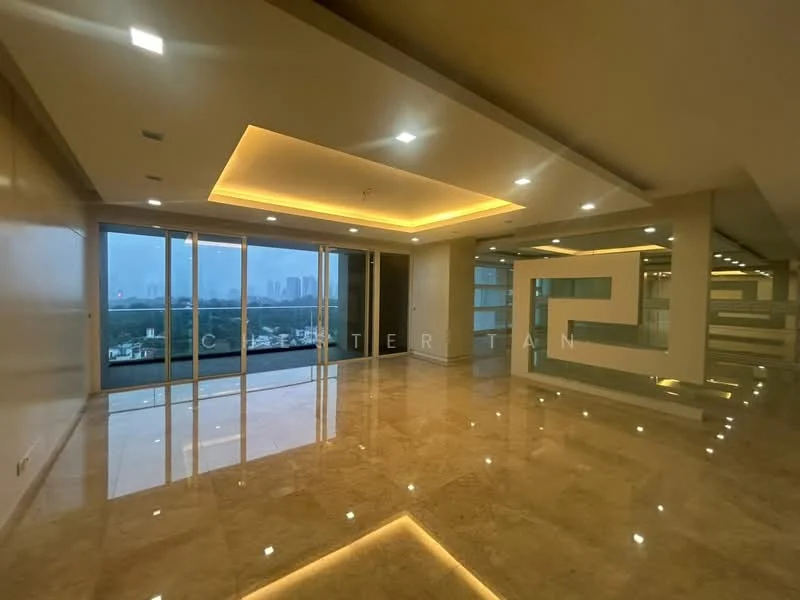 Living features: marble tile flooring, recessed downlights, tray ceiling, floor-to-ceiling windows, sliding glass door, city view, neutral painted walls, open layout; style: modern; view: city.