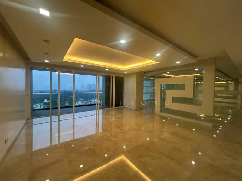 Living features: marble flooring, tray ceiling with recessed lighting, floor-to-ceiling windows, city skyline view, neutral painted walls, LED strip lighting, open layout, multiple light fixtures; style: modern; view: city.