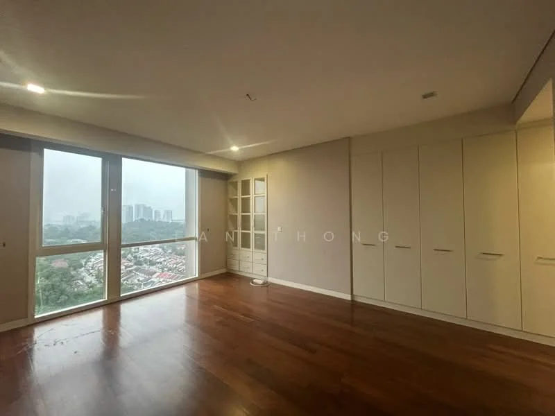 Bedroom features: large floor-to-ceiling windows, wooden flooring, built-in wardrobes with sliding doors, neutral painted walls, recessed ceiling lights, city view, open layout, natural light; style: modern; view: city.