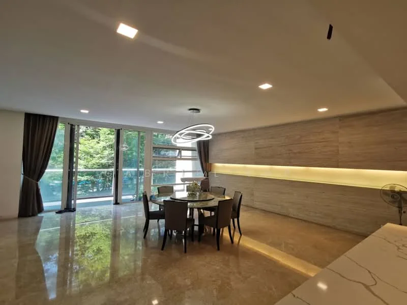 Dining features: round dining table, upholstered dining chairs, chandelier light fixture, marble flooring, floor-to-ceiling windows, sheer curtains, wood panel accent wall, decorative wall lighting; style: modern; view: garden.