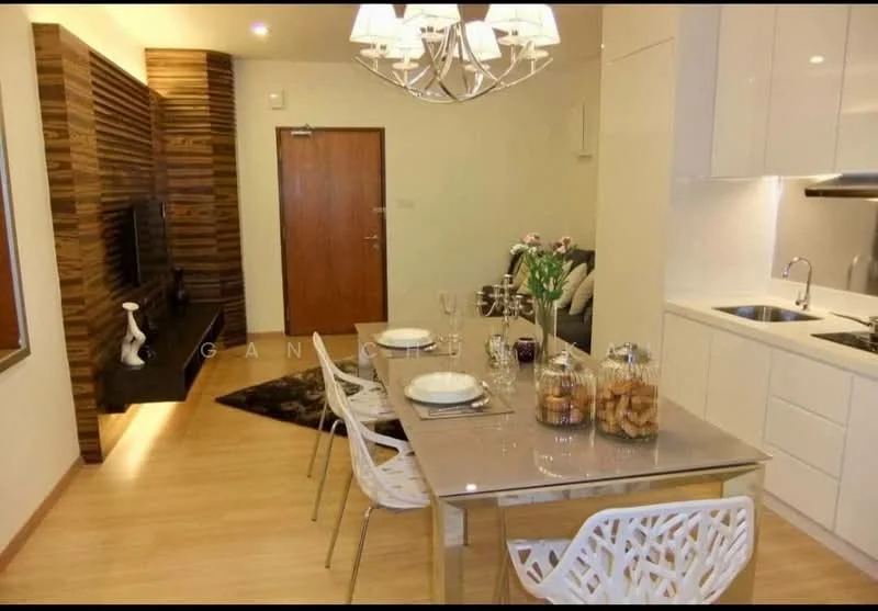 Dining features: glass dining table, 4 white plastic dining chairs, decorative vase with flowers, table setting with plates and cutlery, wooden accent wall, wall-mounted TV, area rug with geometric pattern, laminate flooring, recessed downlights, open kitchen layout; style: modern. Kitchen features: stainless-steel sink, chrome pull-down faucet, built-in stove, white cabinetry, countertop with storage, microwave, kitchen appliances visible; style: modern.