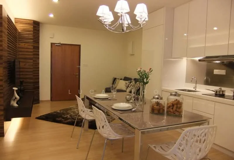 Dining features: white dining table, 4 white plastic dining chairs, chandelier with 5 lights, wooden accent wall, light wood flooring, decorative rug, glass vase with flowers, stainless-steel kitchen appliances, white cabinetry, built-in oven, kitchen countertop, wall-mounted TV, door leading to hallway; style: modern.