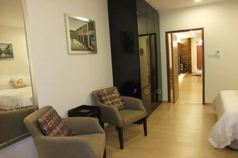 Room features: light wood flooring, white painted walls, mirror on wall, two upholstered armchairs with patterned cushions, black cabinetry, doorway leading to another room, framed artwork on wall, recessed lighting; style: modern.