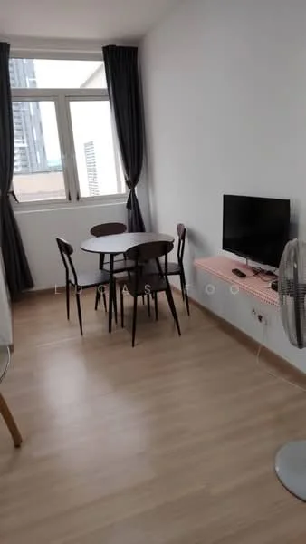 Living features: light wood laminate flooring, white painted walls, floor-to-ceiling window, blackout curtains, round dining table, 3 wooden chairs, wall-mounted TV, TV console, standing fan; style: modern; view: city.