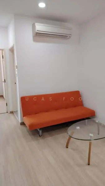 Living features: orange fabric sofa bed, glass coffee table with wooden legs, light wood flooring, wall-mounted split AC, white painted walls, recessed ceiling lights; style: modern.
