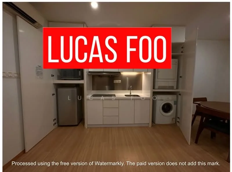 Kitchen features: white cabinetry, stainless-steel fridge, built-in oven, ceramic cooktop, single-bowl stainless-steel sink, chrome pull-down faucet, washing machine, wooden flooring, recessed downlights, open shelving; style: modern.
