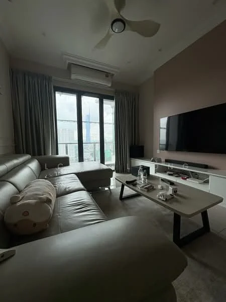 Living features: L-shape sectional sofa in light grey, coffee table with white top and black legs, wall-mounted TV, TV console in white, floor-to-ceiling windows, sheer curtains, 5-blade ceiling fan, decorative wall with light brown paint, tile flooring, air conditioning unit; style: modern; view: city.