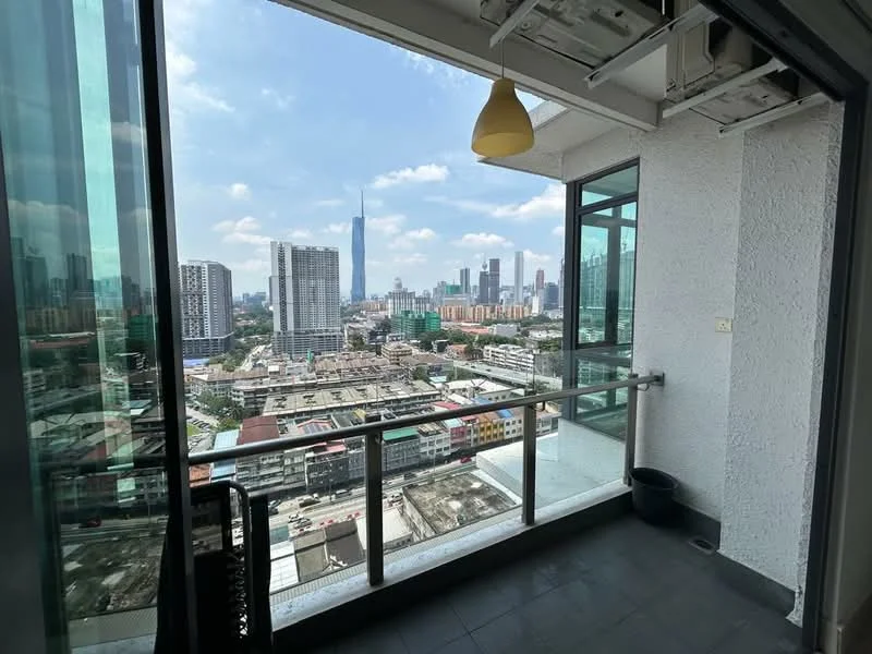 Room features: glass sliding door, balcony with railing, city skyline view, grey tiled flooring, overhead pendant light, concrete wall, exposed ceiling, outdoor space; style: modern; view: city.